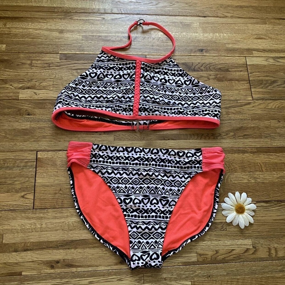 Wonder Nation Girls'‎ Halter Top Swimsuit Set Aztec Print Coral Trim XL